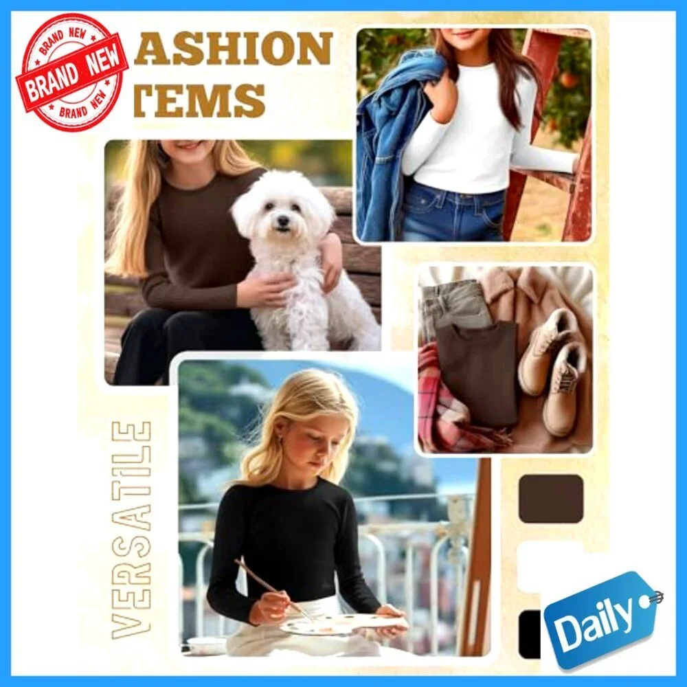 3 Pack Girls Long Sleeve Ribbed Cotton Tees Slim Fit Layering Tops